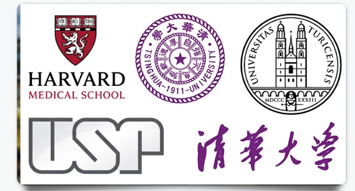 Logos de instituições de referência: Harvard Medical School, Tsinghua University, University of Zurich e Universidade de São Paulo (USP)